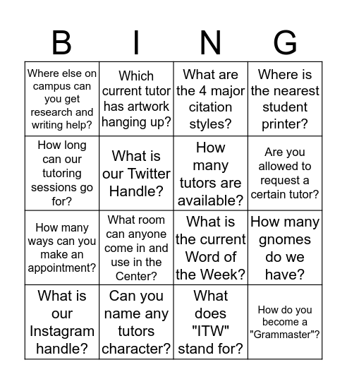 Center for Writing Bingo Card