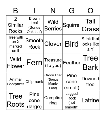 Nature Scavenger Hunt Bingo Card