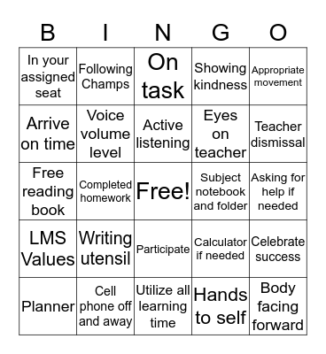 Readiness to Learn Bingo Card