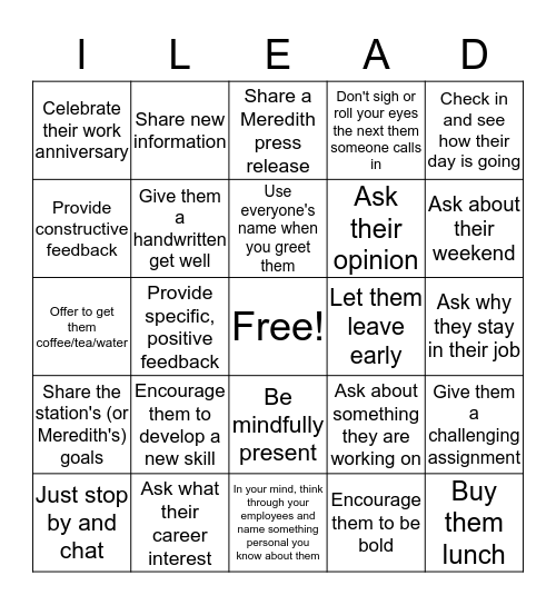 I-Lead Bingo Card