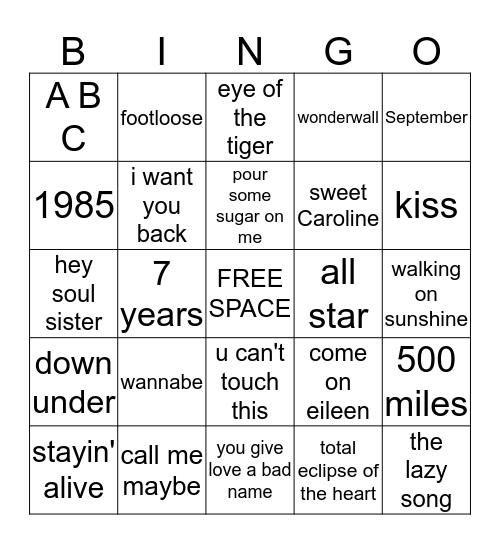 sunday night MUSIC BINGO Card