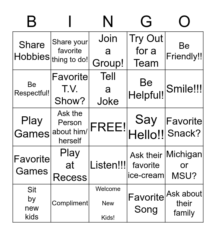 Friendship Bingo Bingo Card