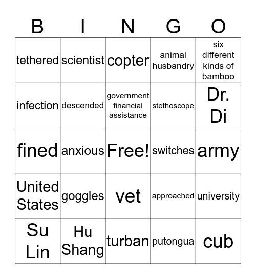 The Year of the Panda Chapters 6-7 Bingo Card