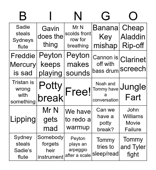 Block Day Band Bingo Card