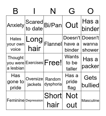 Pre-T Trans Man Bingo Card