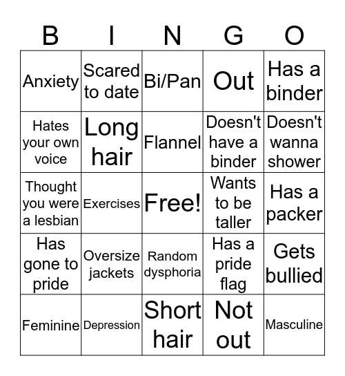 Pre-T Trans Man Bingo Card