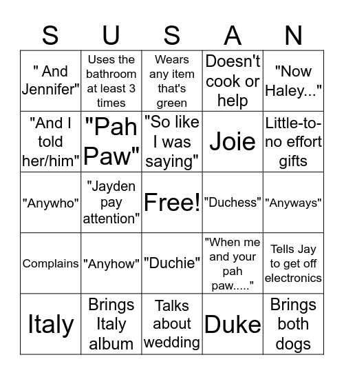 Sue Bingo Card