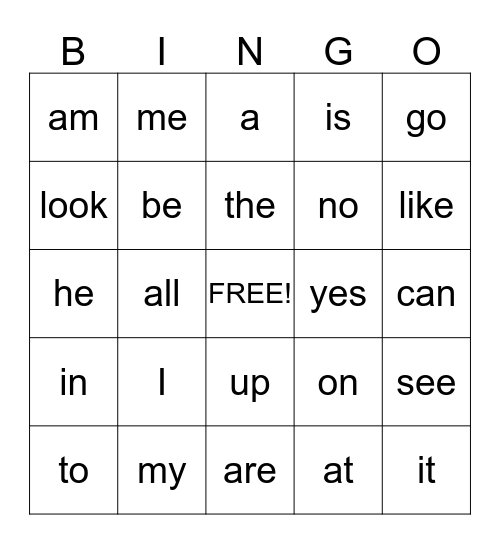 Words for First grade Bingo Card