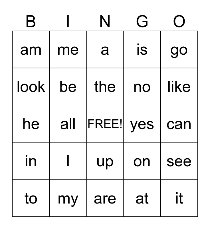 Words for First grade Bingo Card