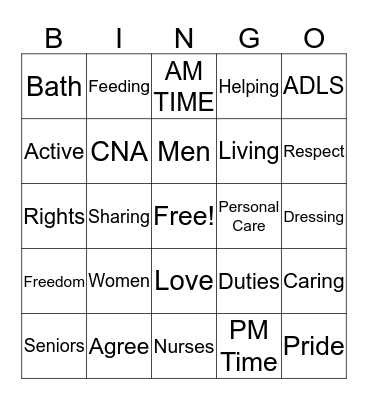 Personal Care For Seniors Bingo Card