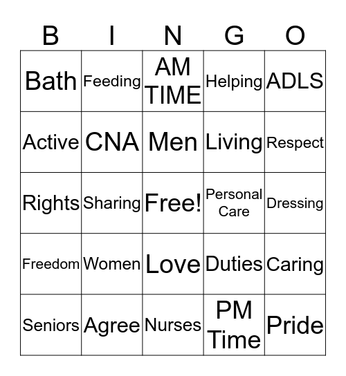 Personal Care For Seniors Bingo Card