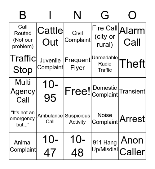 Dispatcher Bingo Card