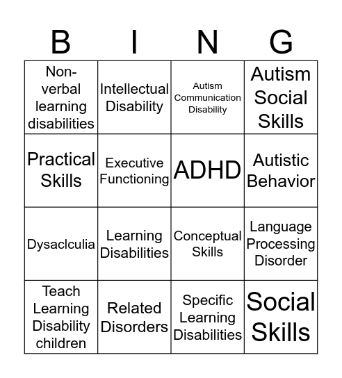 Developmental, intellectual, and Learning Disabilites Bingo Card