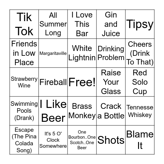 Songs About Drinking  Bingo Card