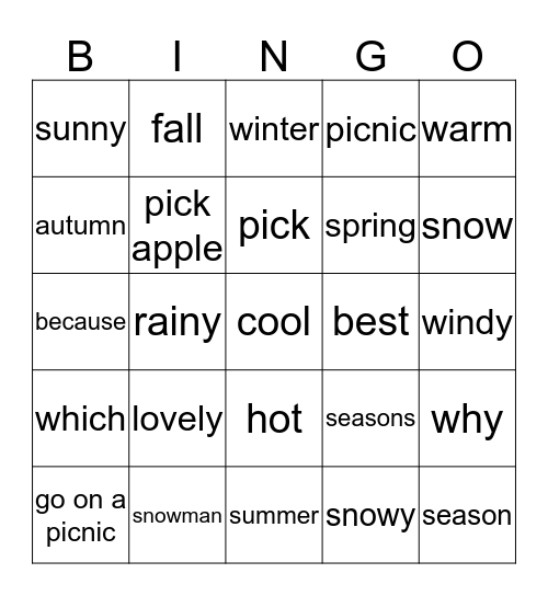 Seasons Bingo Card