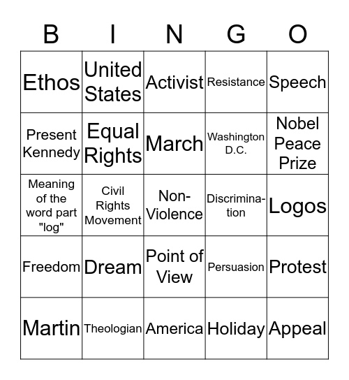 Dr. Martin Luther King Day 1/20/14 Bingo Card