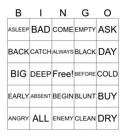 ANTONYMS Bingo Card