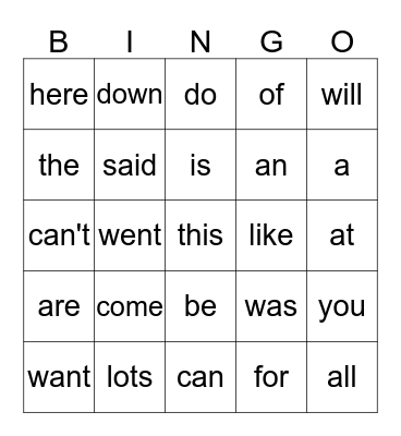 Sight Words Bingo Card