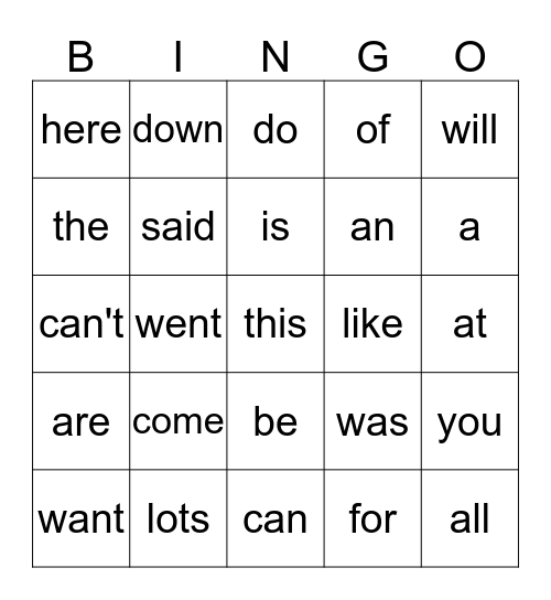 Sight Words Bingo Card