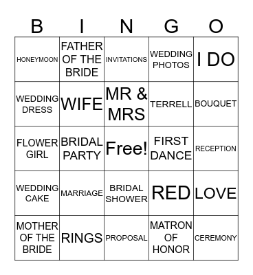 Ciera's Bridal Shower Bingo Card