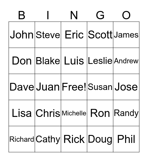 Facilities Name Bingo Card