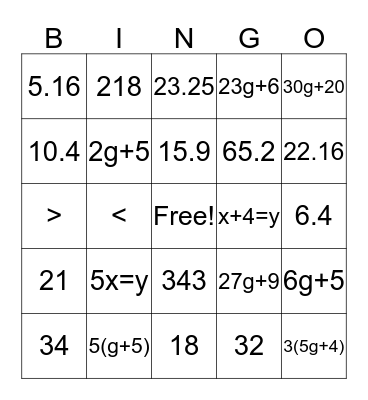 Algebra Bingo Card