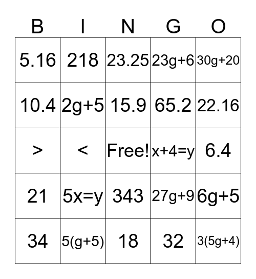 Algebra Bingo Card