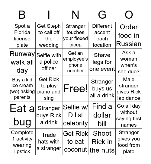 Rick Becerra's Bachelor Party Bingo Card