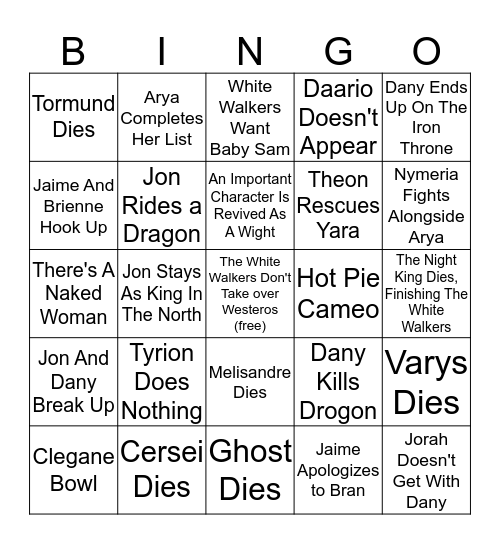 Game of Thrones Season Eight Bingo Card