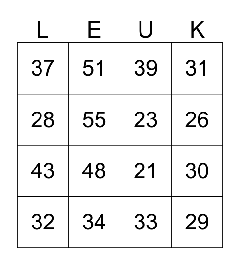 Reken Bingo Card