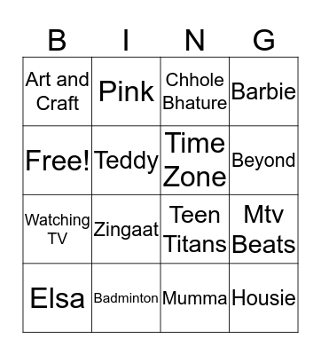 Aashna 6th Birtday Bingo Card