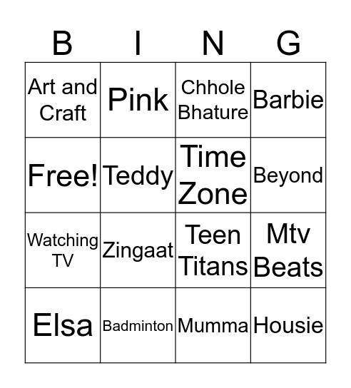 Aashna 6th Birtday Bingo Card