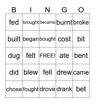 Irregular Verbs Bingo Card