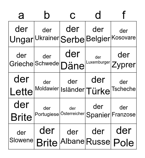 Die Nationaliäten Bingo Card