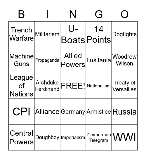 WWI BINGO Card