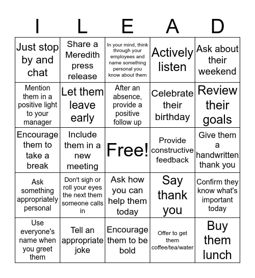 I-Lead Bingo Card