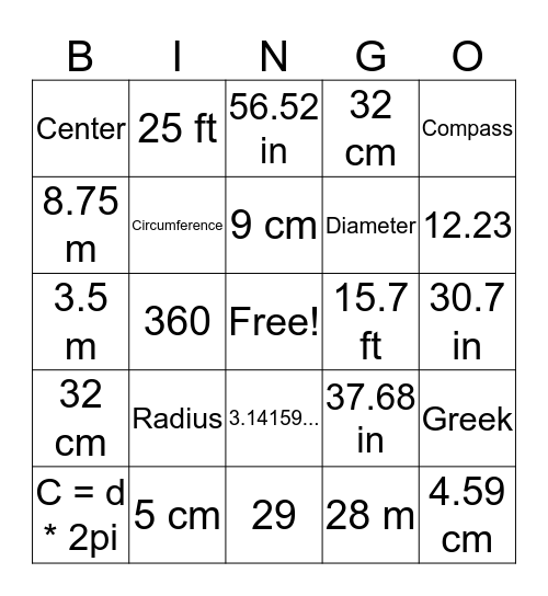Circles Vocabulary Bingo Card
