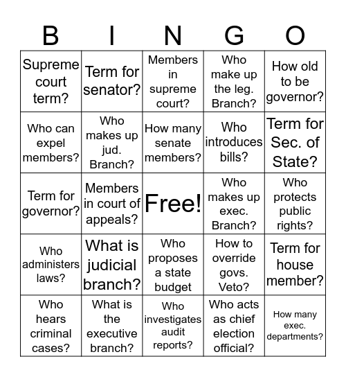 Three Branches of MN State Government Bingo Card