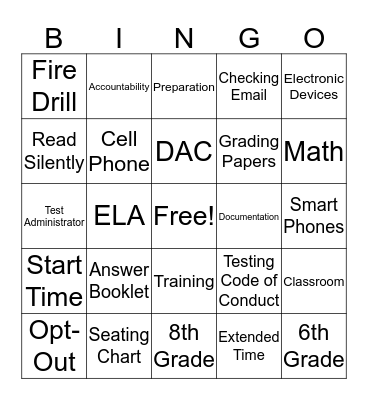 PSSA BINGO Card