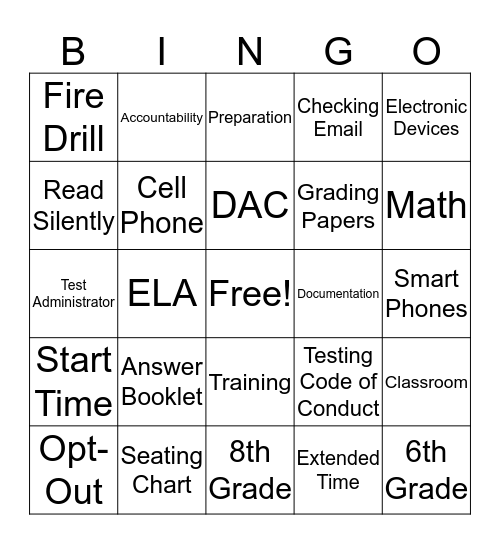 PSSA BINGO Card