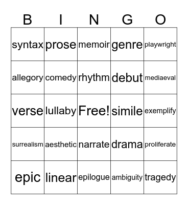 Literature Vocabulary Bingo Card