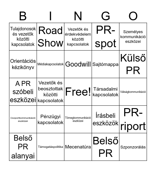 Public Relations Bingo Card
