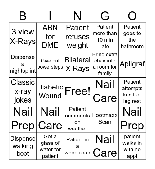 Podiatry Bingo Card