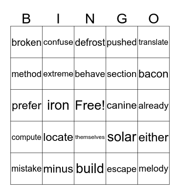 lesson 11-12 Bingo Card