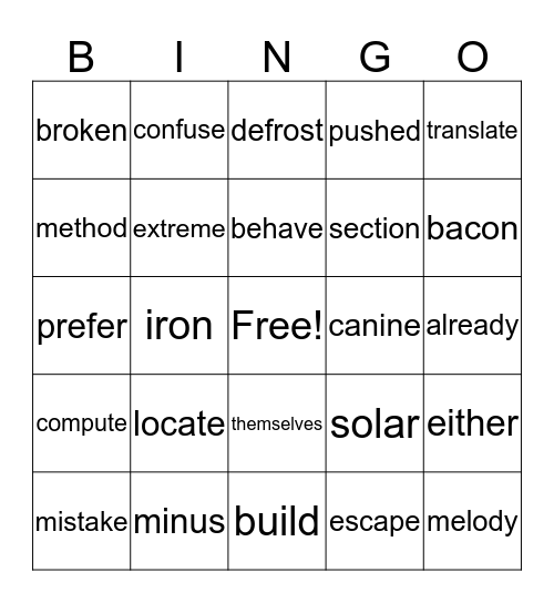 lesson 11-12 Bingo Card