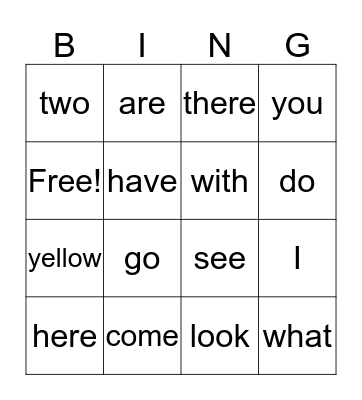 Sight Words Bingo Card