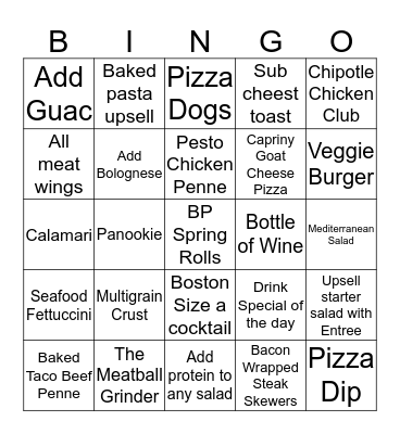 New Menu Bingo! Bingo Card