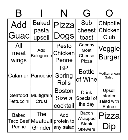 New Menu Bingo! Bingo Card