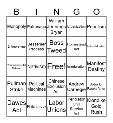 The Gilded Age 1877-1898 Bingo Card