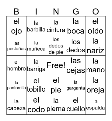 Las Partes del Cuerpo Bingo Card